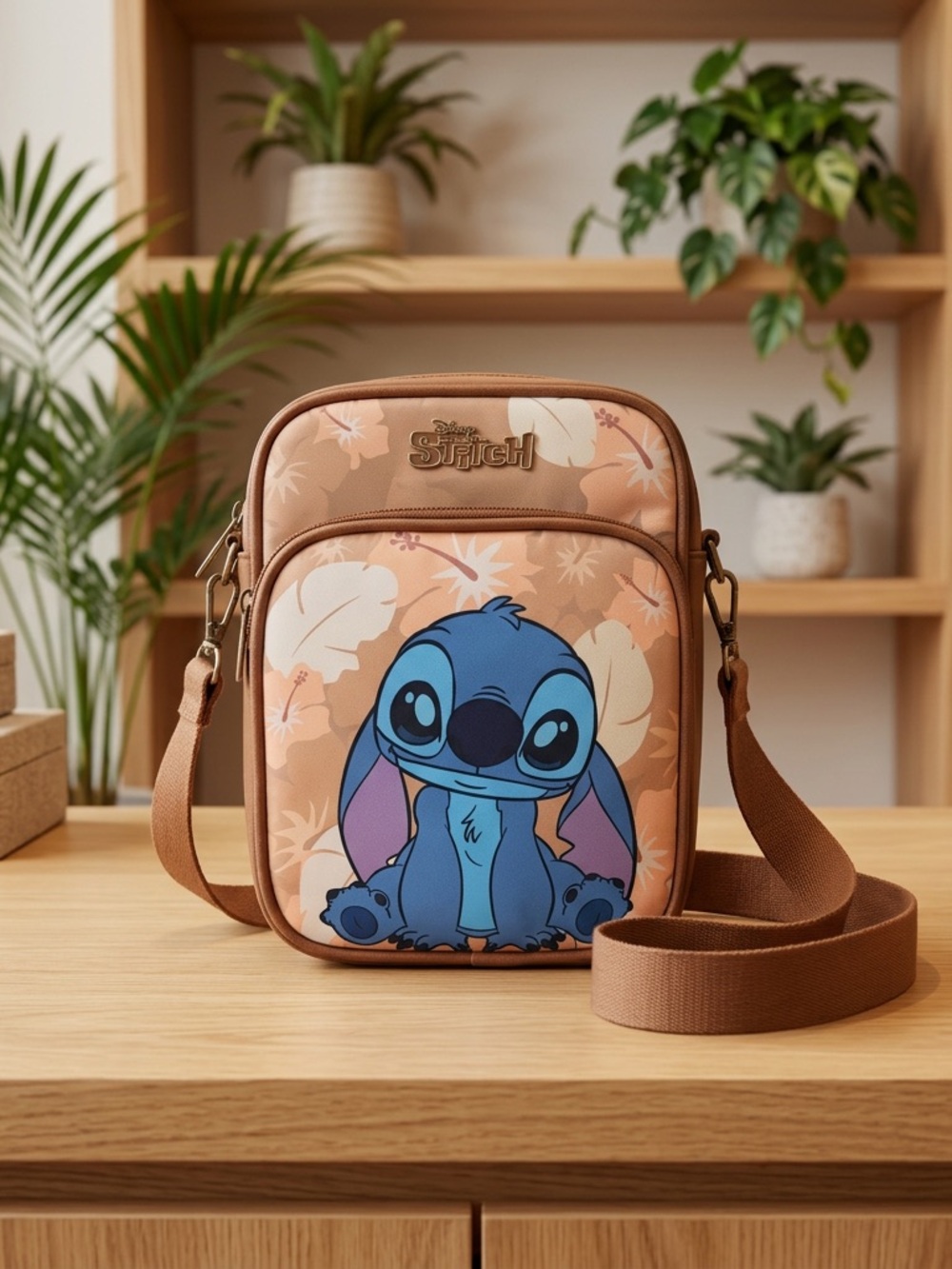 Disney Stitch Floral Crossbody Bag Brown Adjustable Strap
